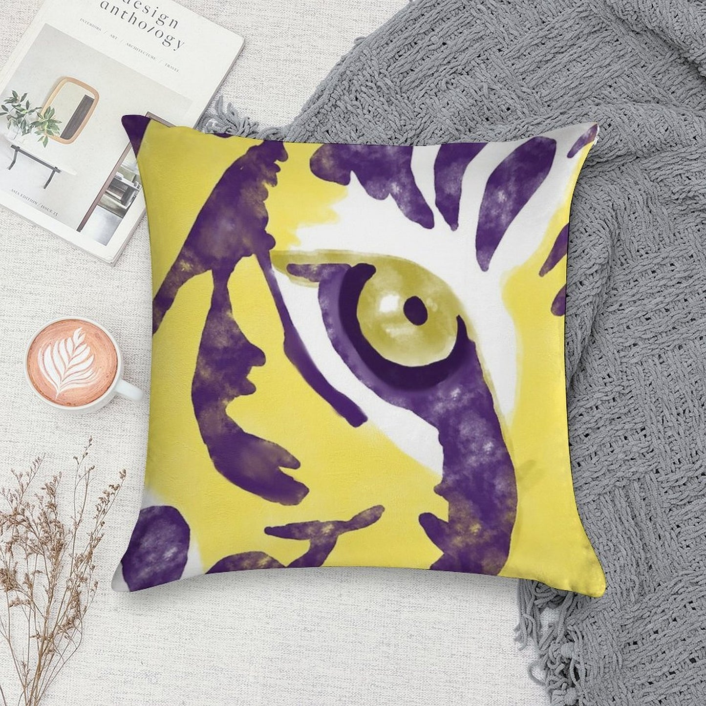 Purple And Gold Watercolor Tiger Artwork Soft Reinforced Edging Throw Pillow