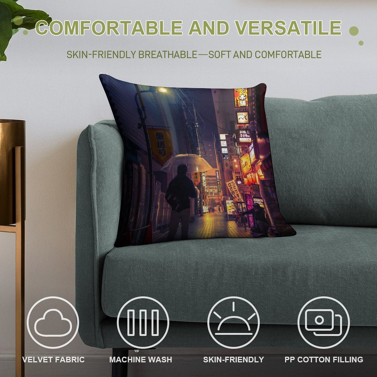 Neon Noir Street Reflecting The Warm Yellow And Orange Light from The Bar Area. Soft Durable Construction Throw Pillow