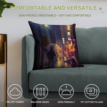 Neon Noir Street Reflecting The Warm Yellow And Orange Light from The Bar Area. Soft Durable Construction Throw Pillow