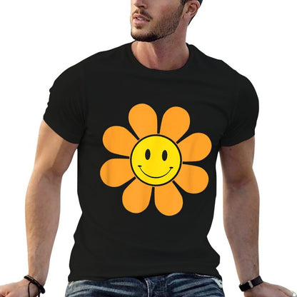 Orange 70s Retro Flower with A Yellow Smiling Face Summer  Affordable Price T-Shirt