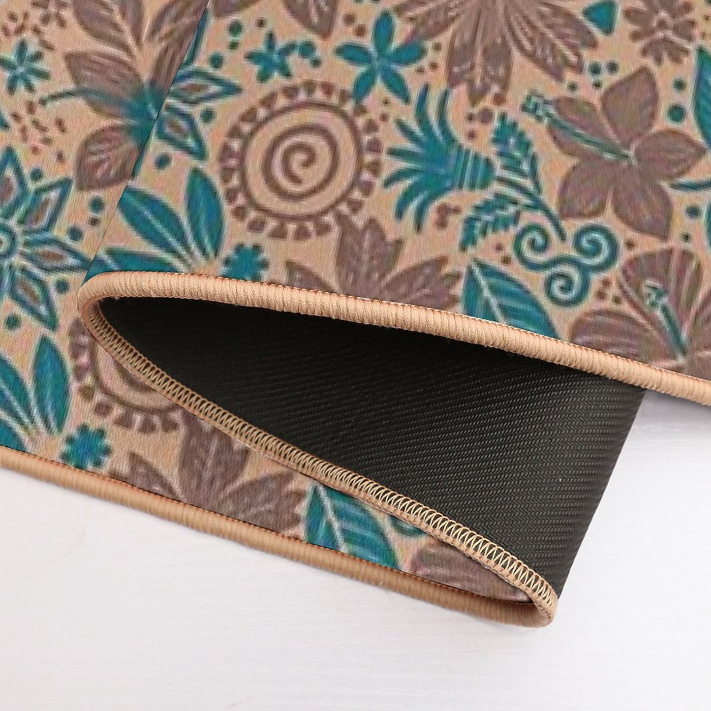 Beige And Teal Tropical Floral Tribal Print  Eco-Friendly Bath Mat