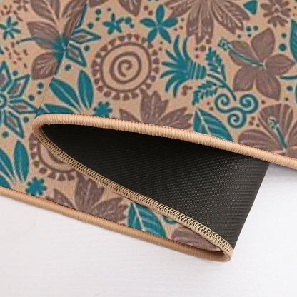 Beige And Teal Tropical Floral Tribal Print  Eco-Friendly Bath Mat