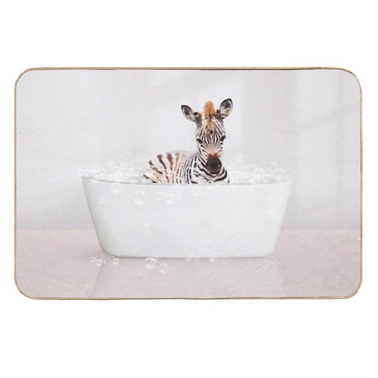 Baby Zebra  in Modern Bathtub Pink Print, Baby Zebra Bathing, Animals in Bathtub Art by Synplus  Absorbent Bath Mat