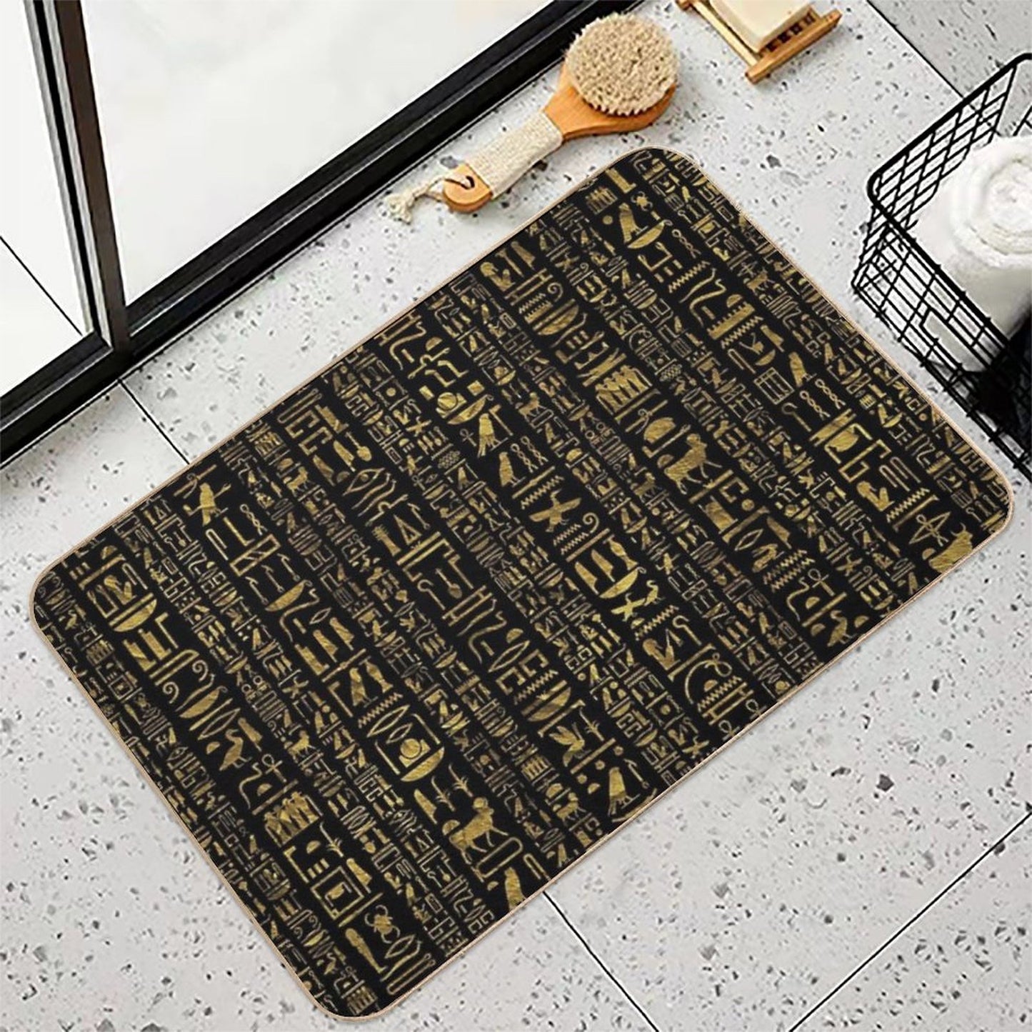 Egyptian Hieroglyphs Vintage Gld on Black  Stain-Proof Bath Mat