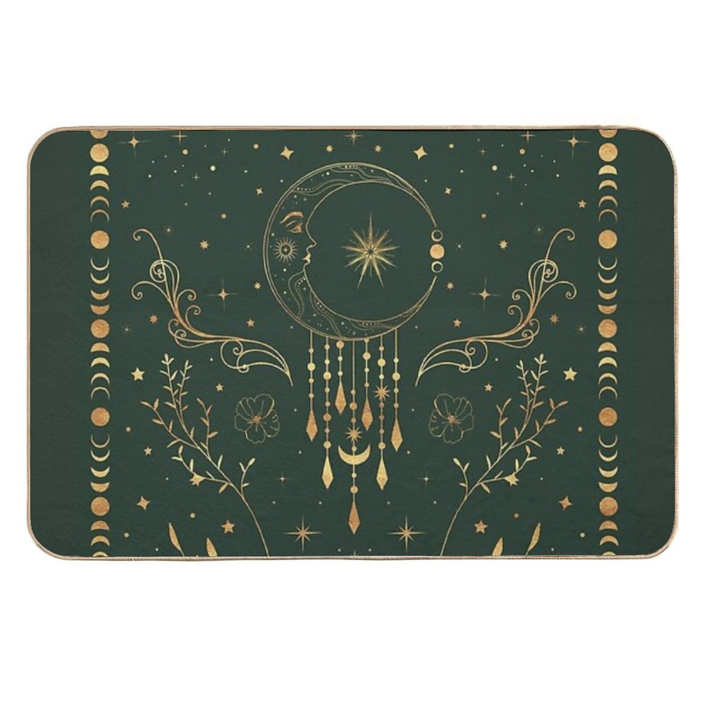 Sage Green And Gold Celestial Crescent Moon with Floral Accents And Moon Phase Tie Dye  Slip-Resistant Bath Mat