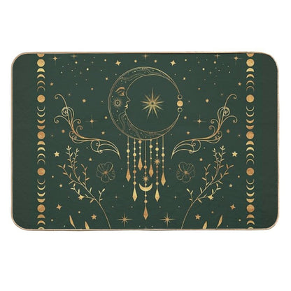 Sage Green And Gold Celestial Crescent Moon with Floral Accents And Moon Phase Tie Dye  Slip-Resistant Bath Mat