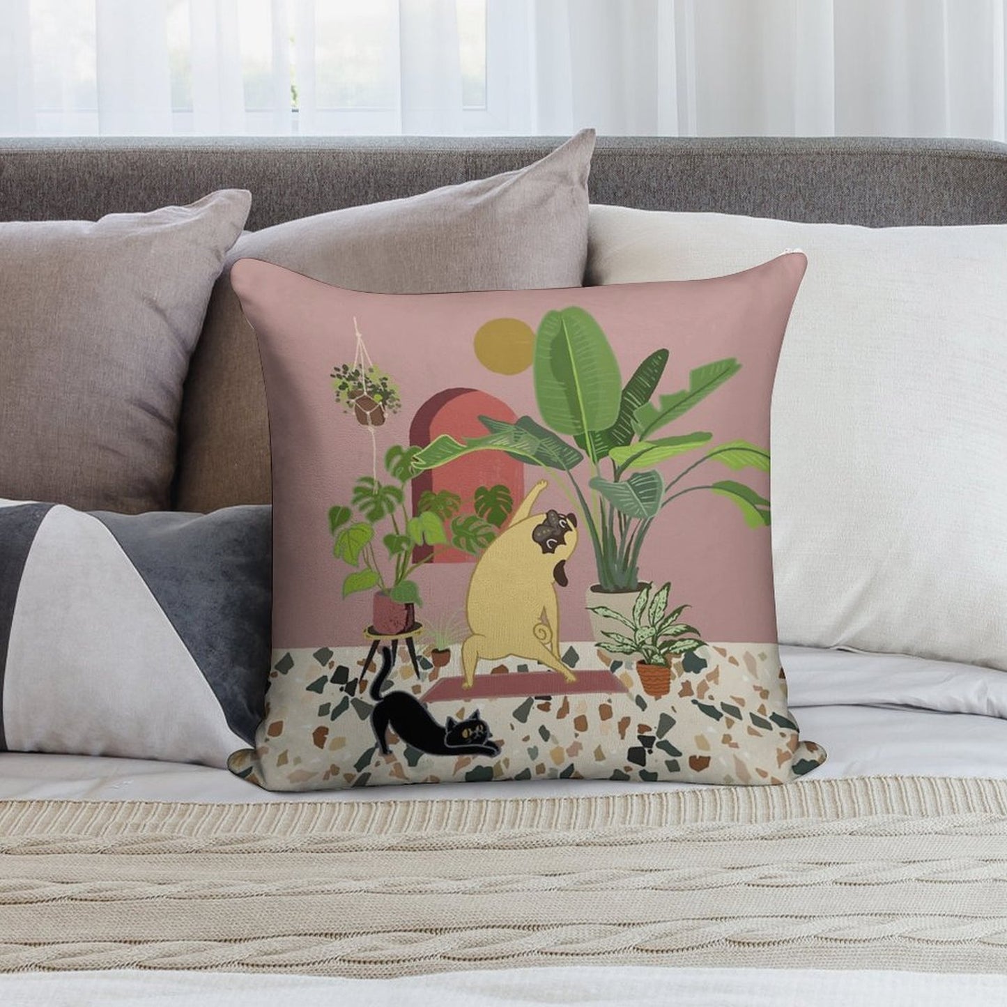 Pug Yoga with Plants Soft Warmth Comfort Throw Pillow