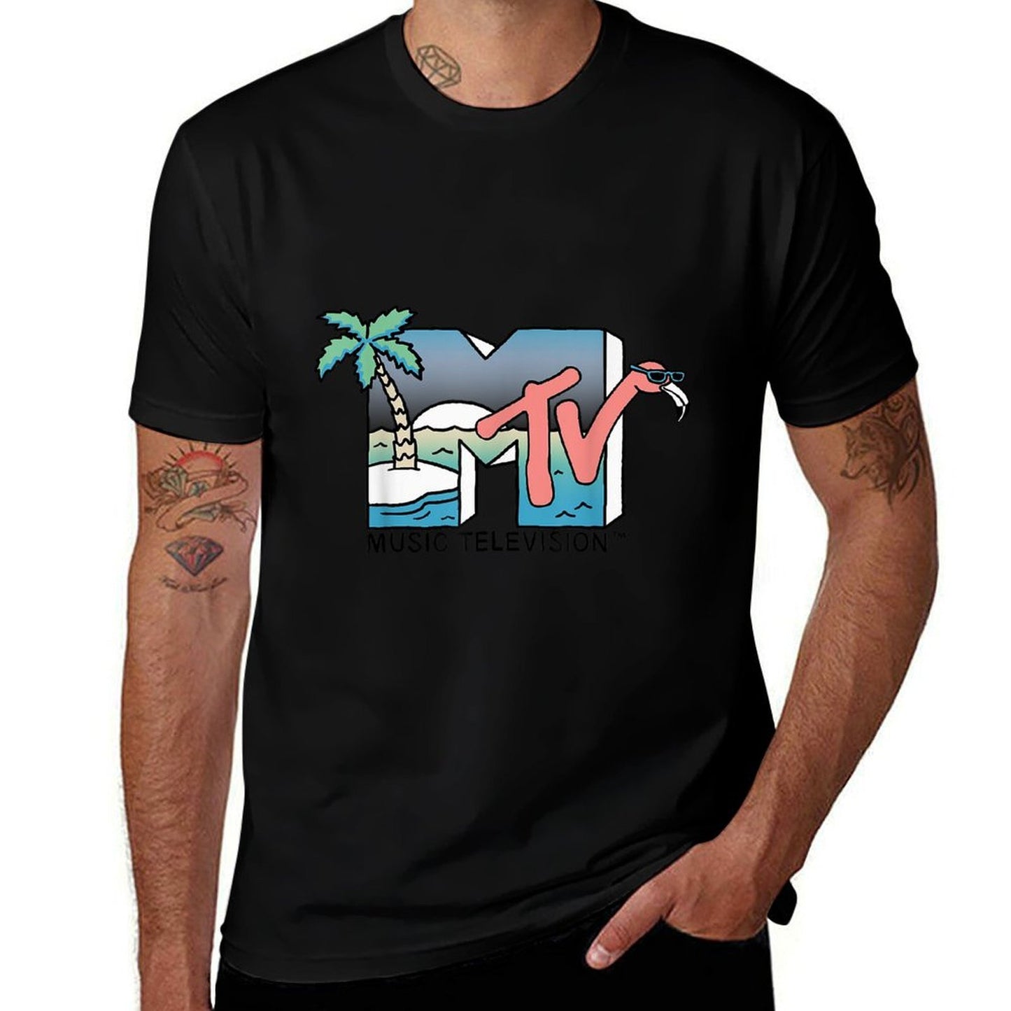 MTV Beach Island Flamingo Logo Vintage Graphic  Relaxed-fit T-Shirt