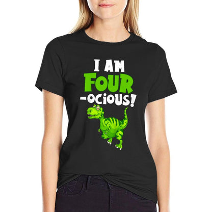 Kids I'm Four-Ocious Green Dinosaur 4 Years Old Boys  Wrinkle-resistant T-Shirt