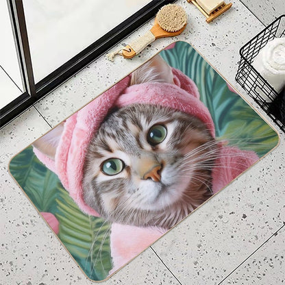 Relaxing Cat in Pink Robe And Towel Spa-Themed Cat Portrait  Odorless Bath Mat