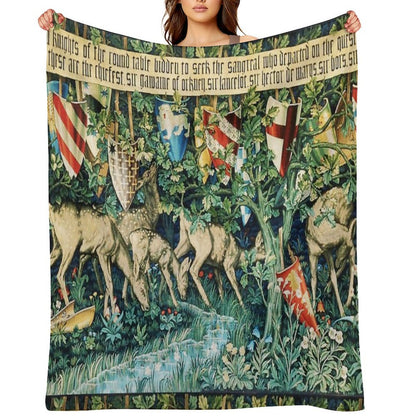 Holy Grail Tapestry,Verdure with Deers,and Shields in Green Floral Wrinkle-free Throw Blanket