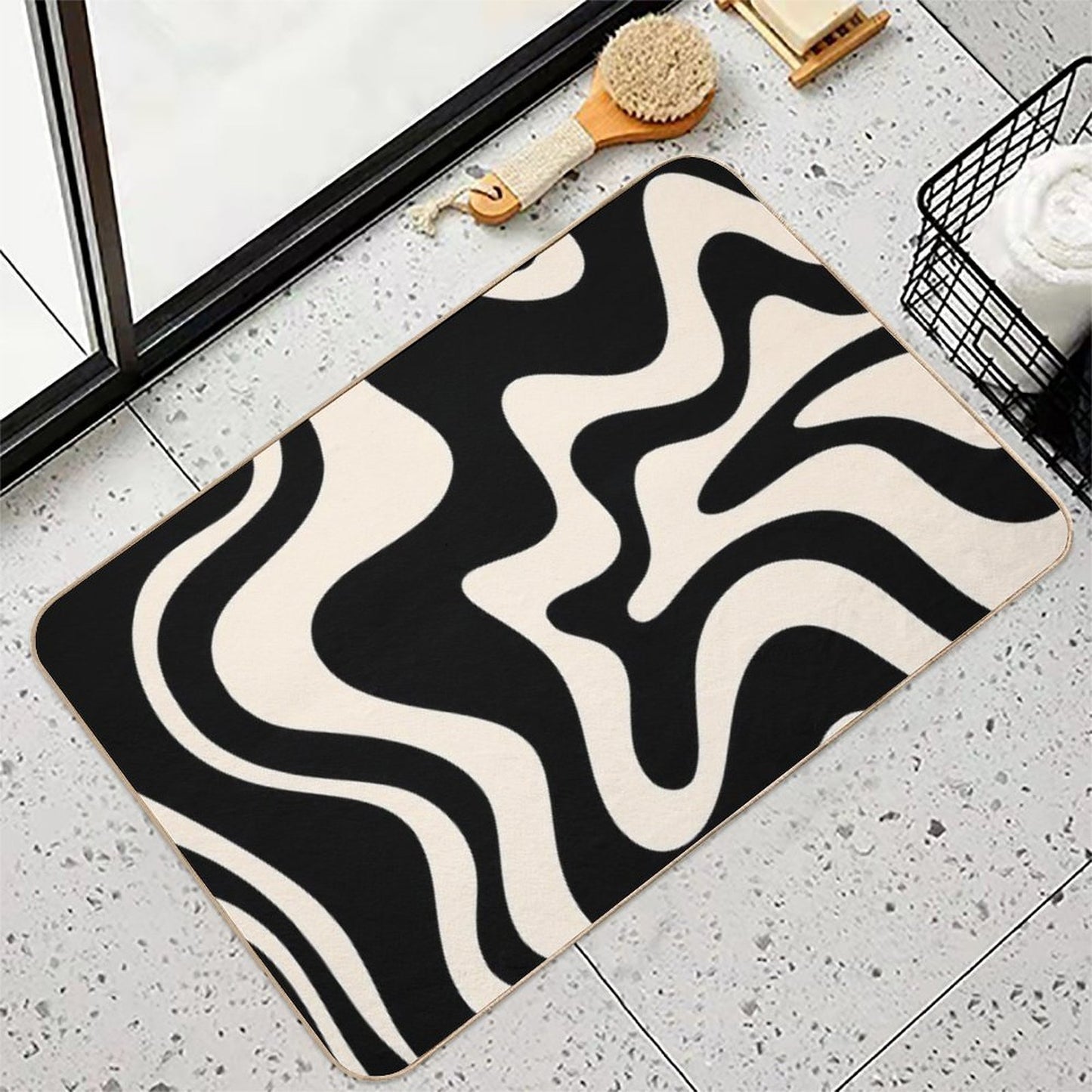 Retro Liquid Swirl Abstract Pattern in Black And Almond Cream  Stain-Proof Bath Mat