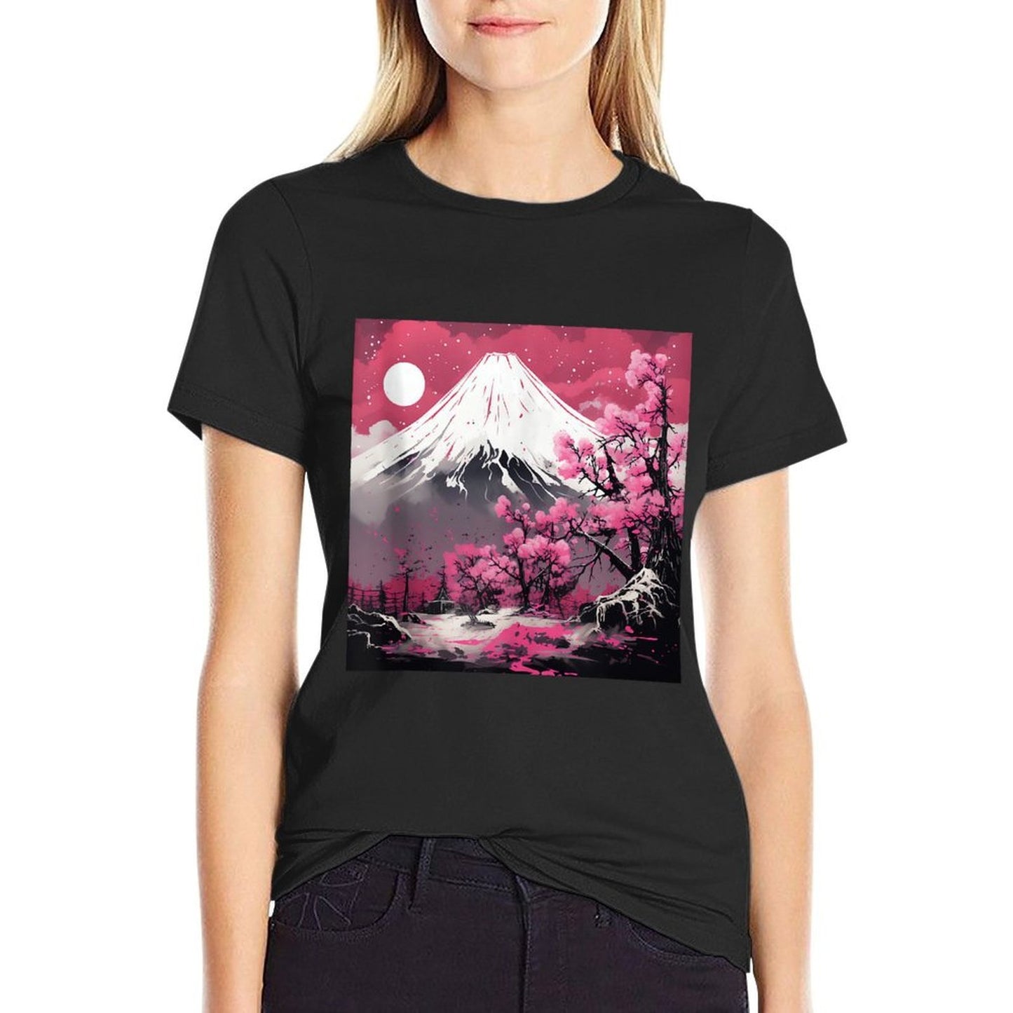Sakura Reverie Japanese Petals Unfold in Twilight Peaks  Ribbed Collar T-Shirt