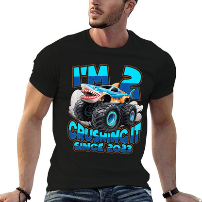 Kids 2 Years Old Boys 2nd Shark Monster Truck Birthday Party  Trendy Pattern T-Shirt