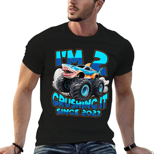 Kids 2 Years Old Boys 2nd Shark Monster Truck Birthday Party  Trendy Pattern T-Shirt