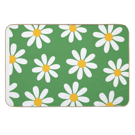 White Daisies on Vintage Green Seamless Pattern Print  Pet-Safe Bath Mat