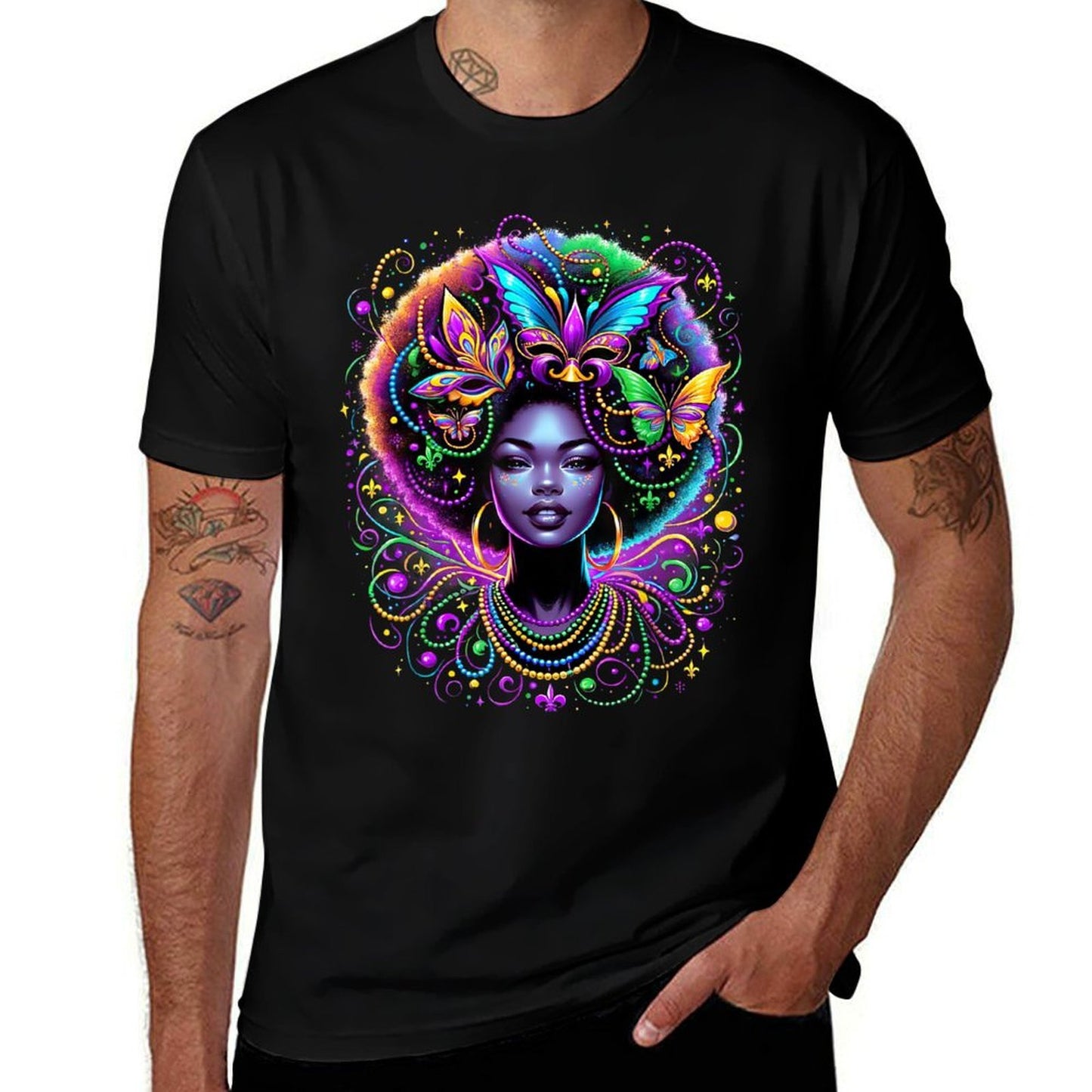 Black Queen Afro African Butterfly Beads Mask Mardi Gras  Breathable T-Shirt