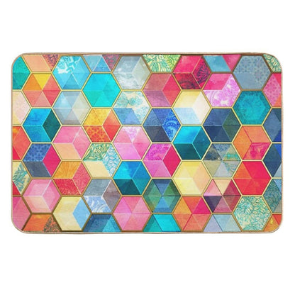 Crystal Bohemian Honeycomb Cubes - Colorful Hexagon Pattern  Non-Slip Bath Mat