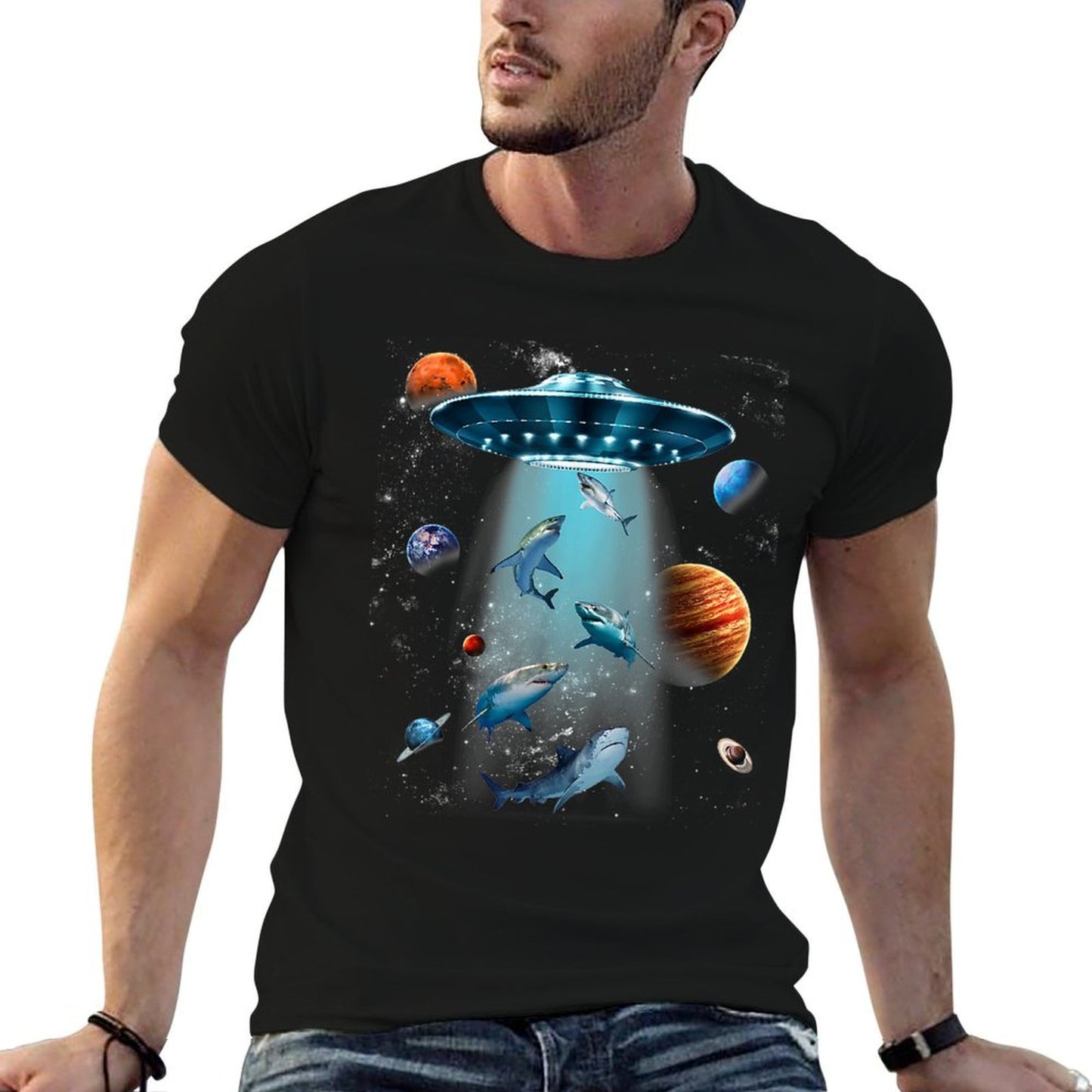 Galaxy Fish Shark Space UFO Alien Stars Sea Ocean Sharks  Stretchy T-Shirt