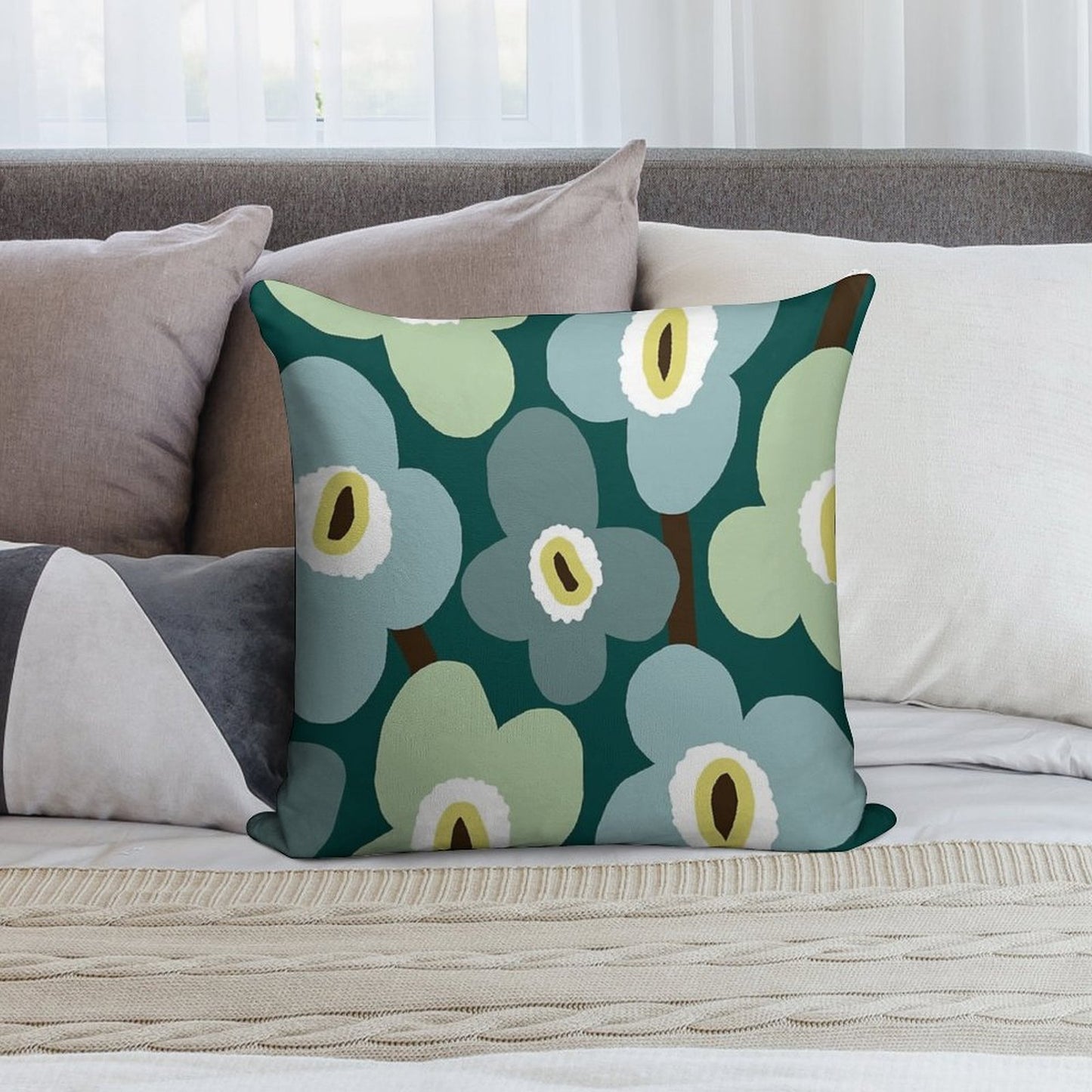 Iconic Retro Scandinavian Floral Pattern in Green And Blue Soft Gift Ready Throw Pillow
