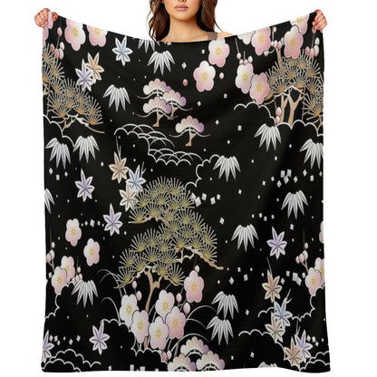 Japanese Floral Machine-washable Throw Blanket