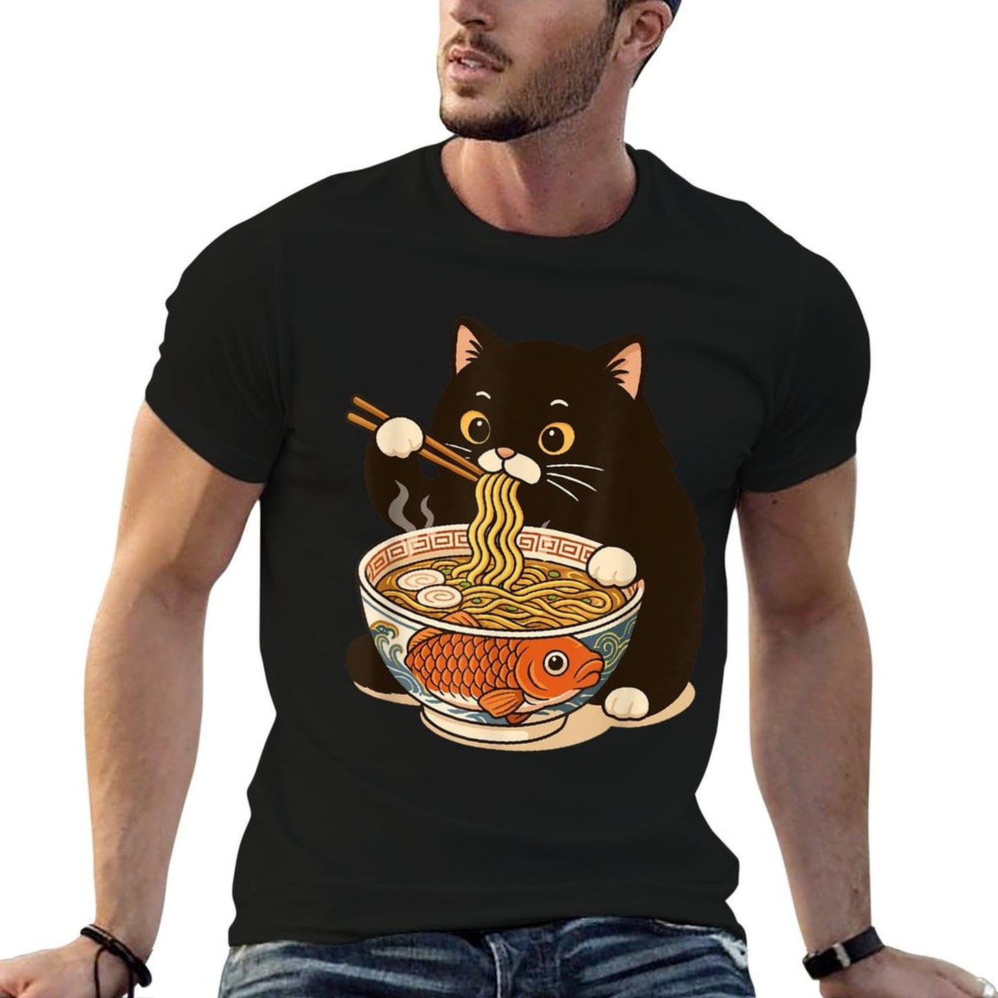 Fat Cat Ramen Anime Meme Eating Noodles Kawaii  High-quality Stitching T-Shirt