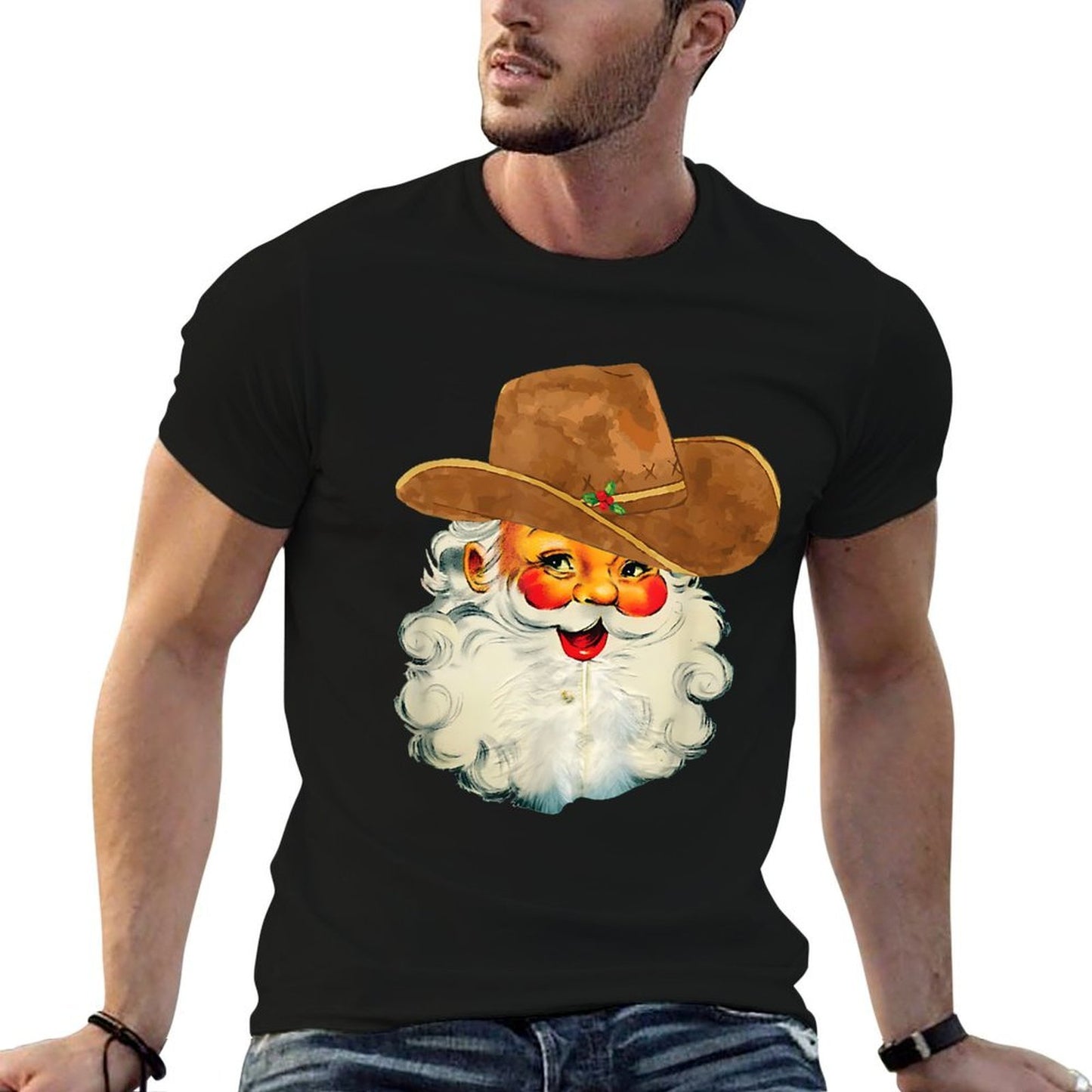 Santa Cowboy Western Christmas Xmas Holiday Pajamas  Ribbed Collar T-Shirt