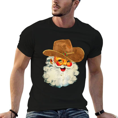 Santa Cowboy Western Christmas Xmas Holiday Pajamas  Ribbed Collar T-Shirt