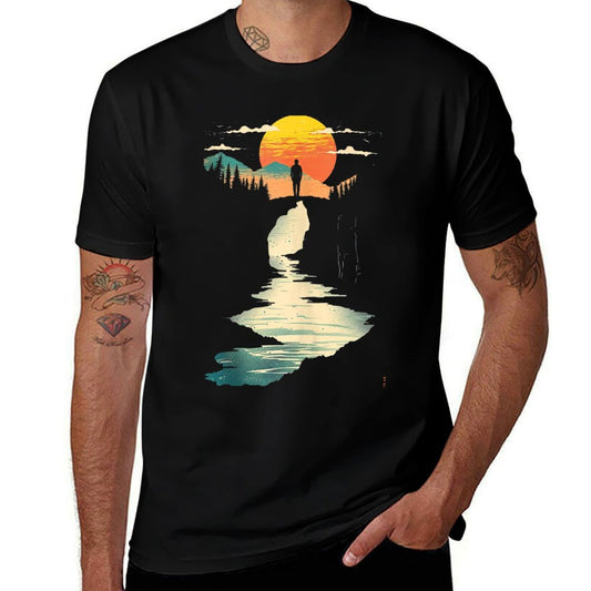 Twilight Cyan And Amber Seaside Vista  High-quality Stitching T-Shirt