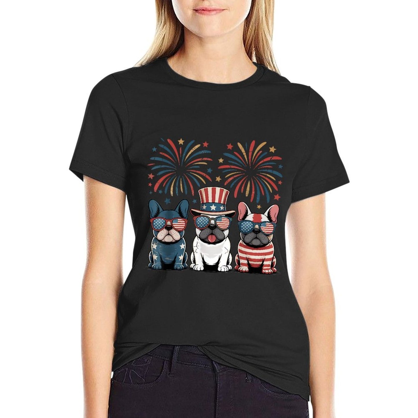 French Bulldog USA American Fireworks 4th of July  Relaxed-fit T-Shirt