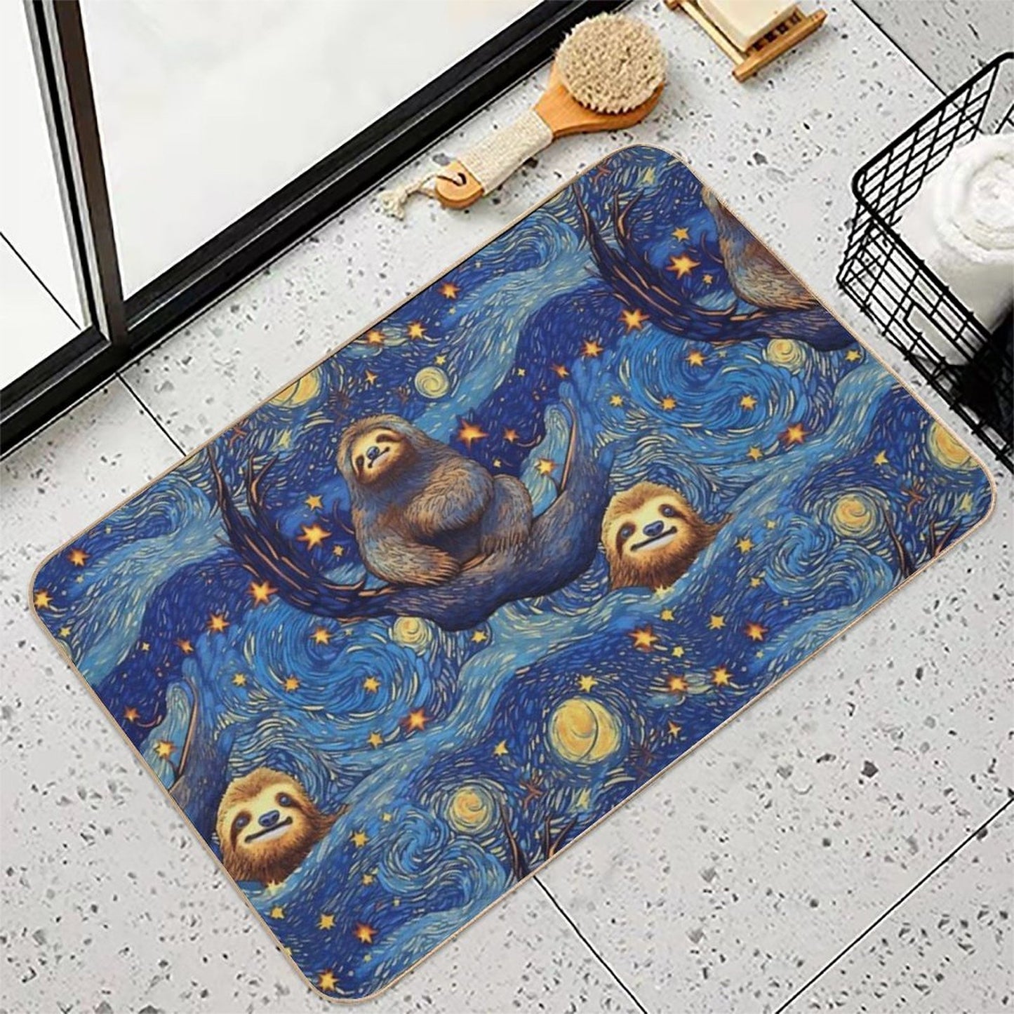 Starry Night of Happy Sloths  Dirt-Trapping Bath Mat