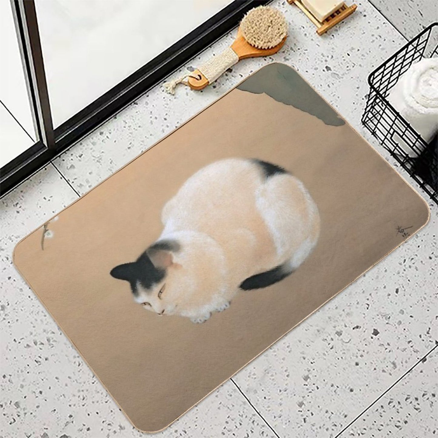 Cat And Plum Blossoms by Hishida Shunso  Dirt-Trapping Bath Mat