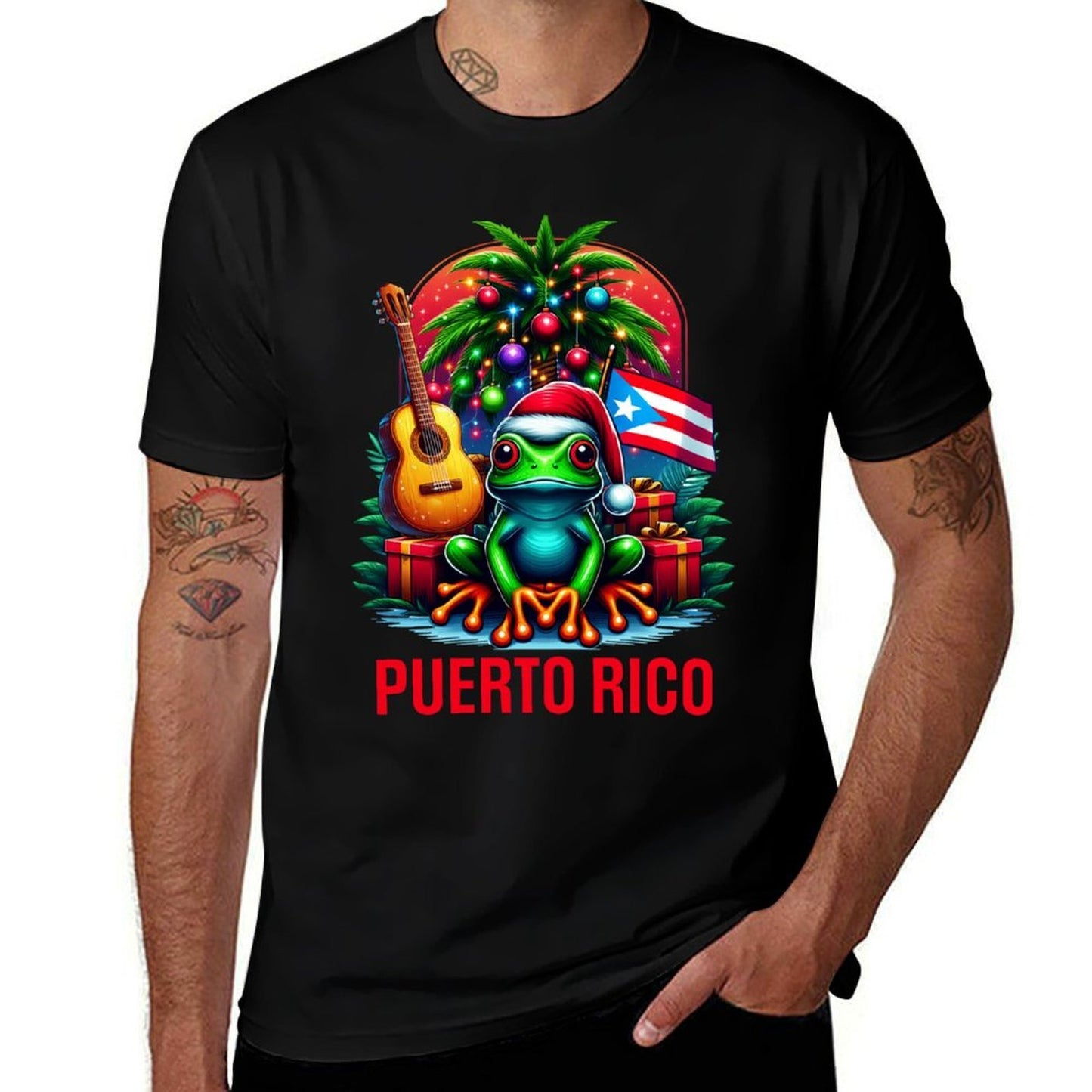 Patriotic Puerto Rico Tropical Christmas Frog Santa Hat  Relaxed-fit T-Shirt