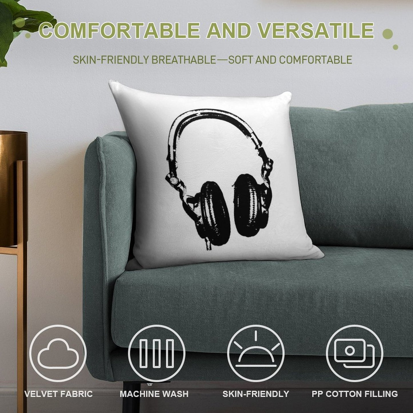 DJ Headphones Stencil Style Soft Easy Maintenance Throw Pillow