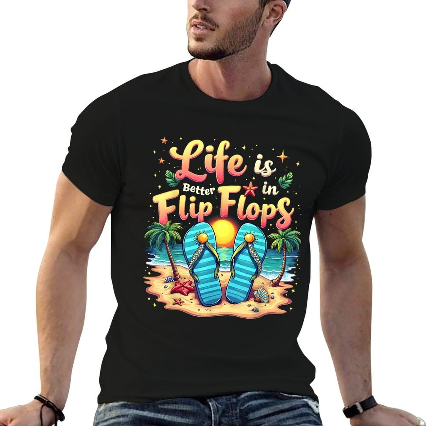 Sunset Beach Life Is Better in Flip Flops Artwork  Breathable T-Shirt