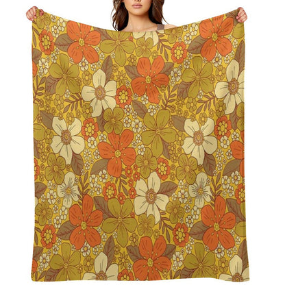Retro 60s70s Orange & Olive Green Floral Easy Care Throw Blanket