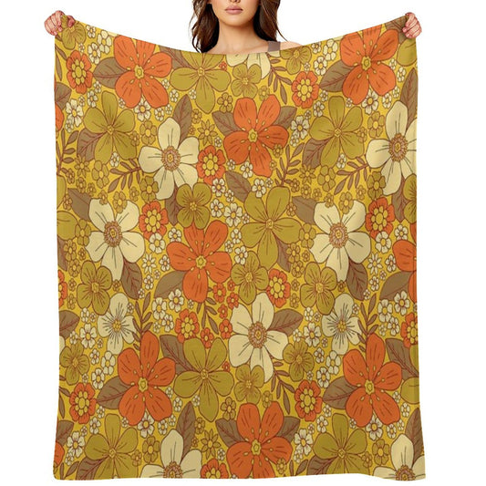 Retro 60s70s Orange & Olive Green Floral Easy Care Throw Blanket