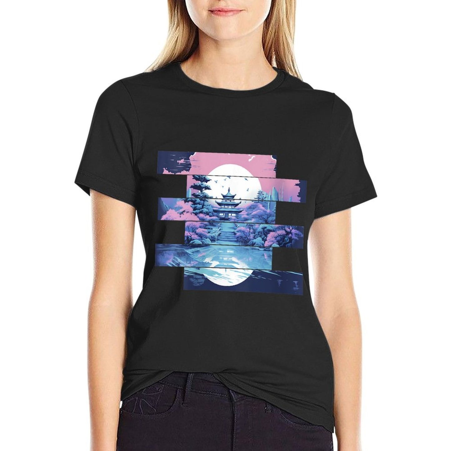 Womens Serenity in Stripes Tranquil Temple at Twilight Comfortable T-Shirt