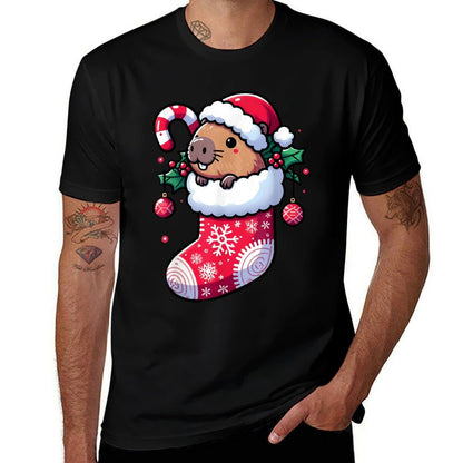Cute Capybara Wearing Santa Hat in Christmas Stocking Pajama  Rolled Sleeves T-Shirt