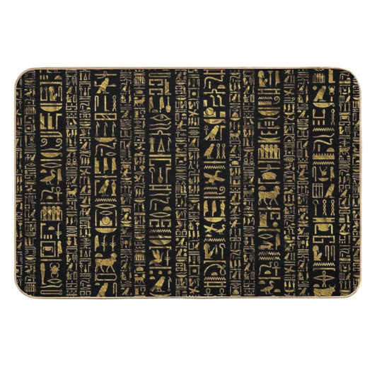 Egyptian Hieroglyphs Vintage Gld on Black  Stain-Proof Bath Mat