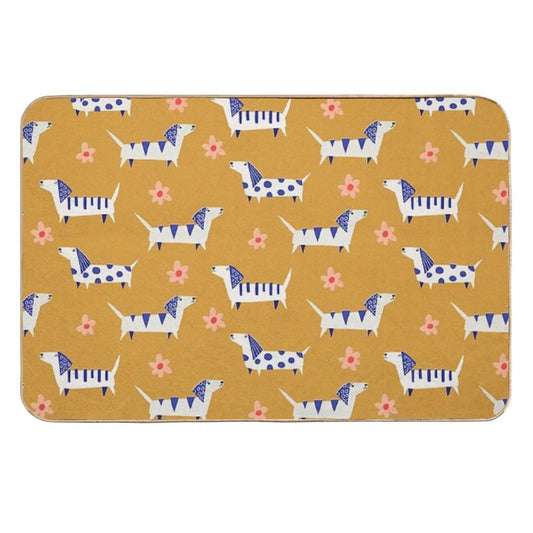 Cute Retro Dachshund Paper Cut Pattern with Daisy Flowers  Easy Maintenance Bath Mat