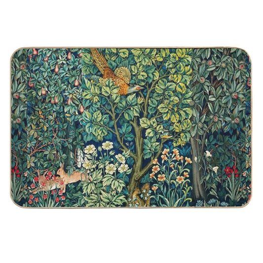GREENERY,FOREST ANIMALS Pheasant on Tree,Squirrel,Hares,Blue Green Floral Tapestry  Easy To Clean Bath Mat