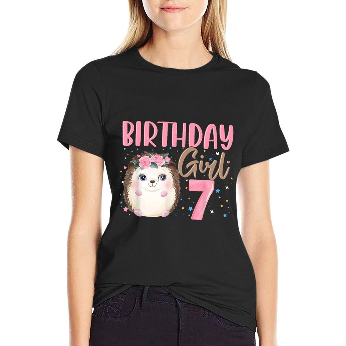 Floral Hedgehog 7th Birthday 7 Yrs Old Toddler Girl  Durable T-Shirt