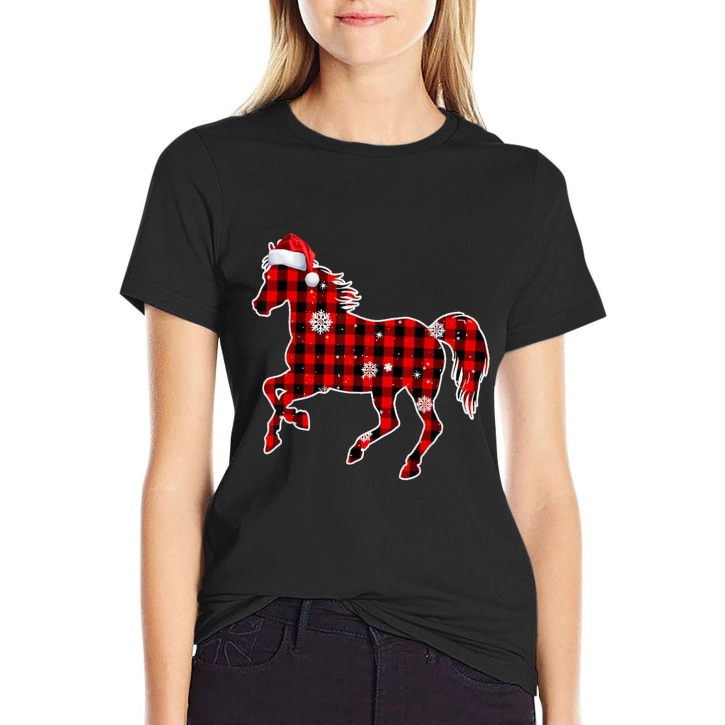 Horse Buffalo Plaid Santa Christmas Matching Family Pajamas  Lightweight T-Shirt