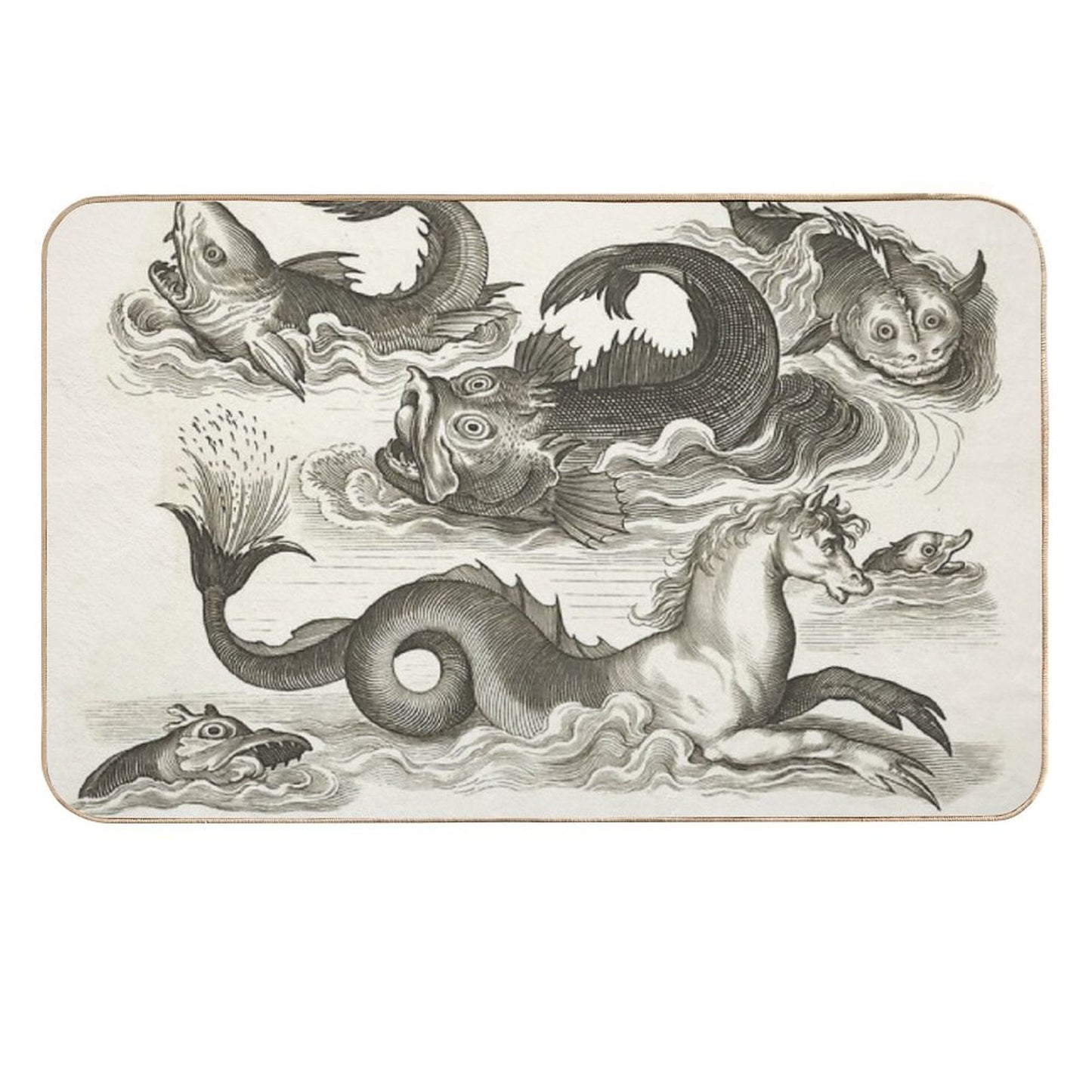 MEDIEVAL BESTIARY,Black White Fantastic Aquatic Animals And Sea Horse of Neptune  Easy Maintenance Bath Mat