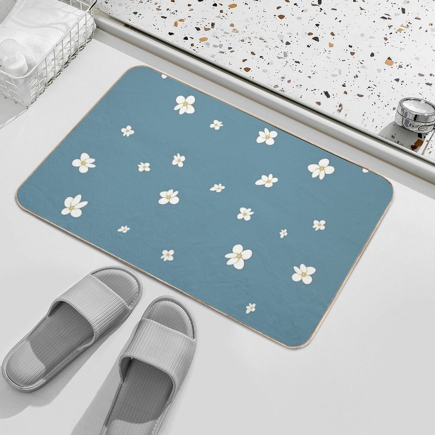 White Mini Flower Pattern L Accessories with Floral Pattern L Cute Flowers - Flower Design  Anti-Trip Bath Mat