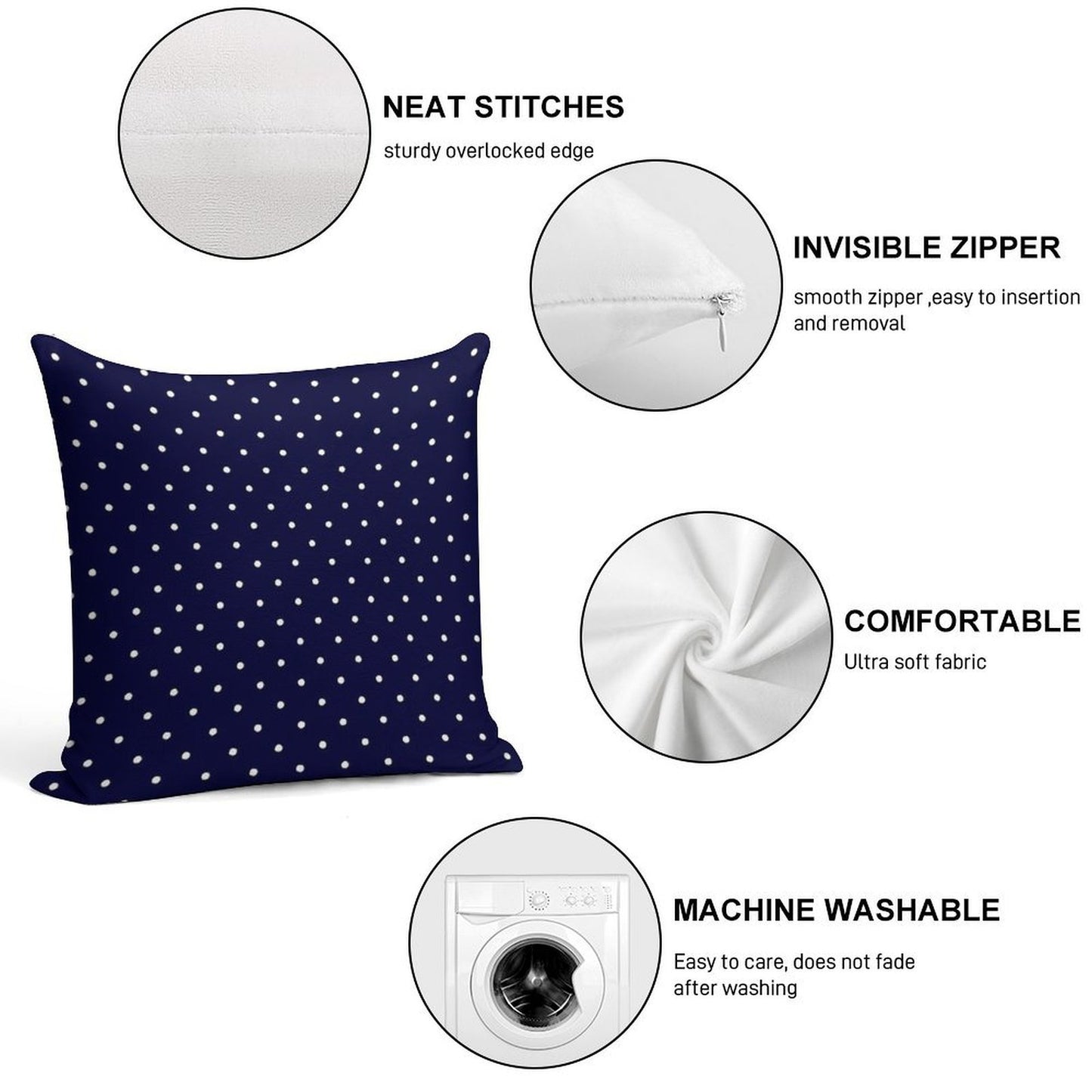 Navy Blue White Polka Dots Soft Shrink-Resistant Throw Pillow