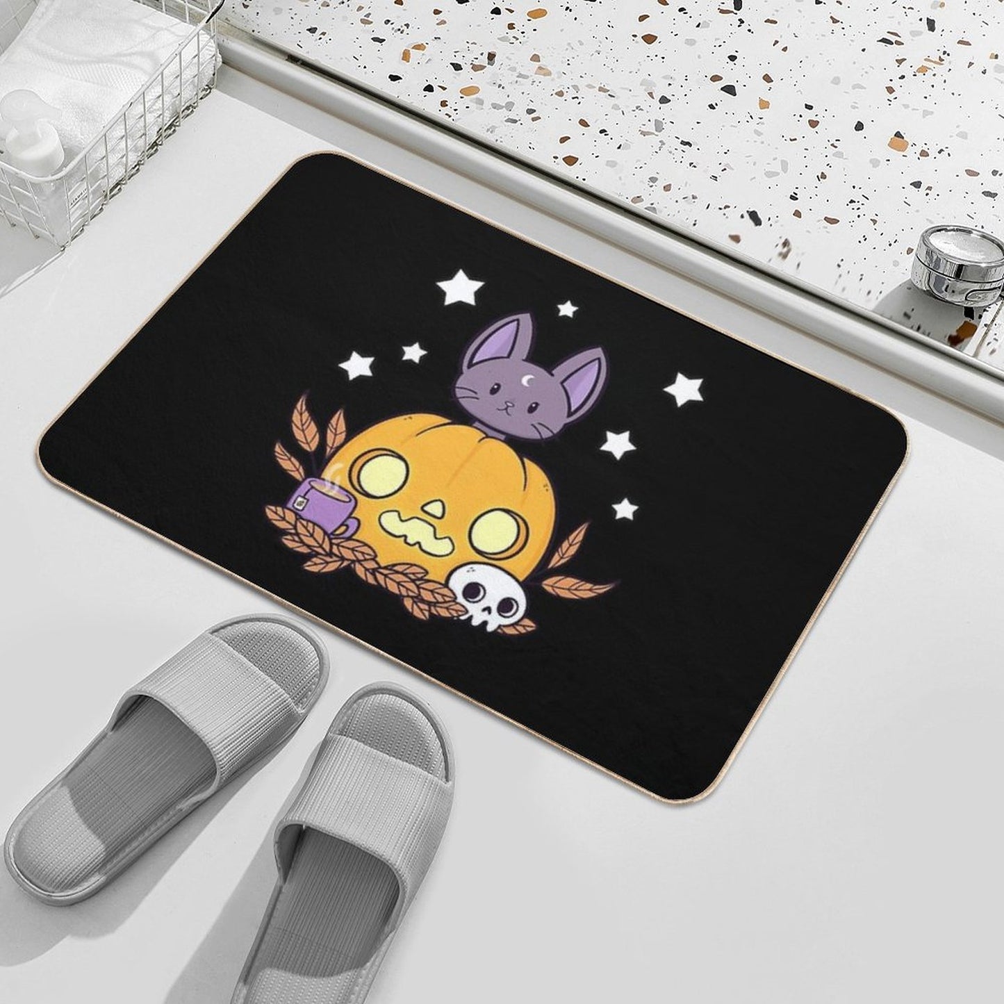 Pumpkin Cats Son  Black  Nikury  Easy To Clean Bath Mat
