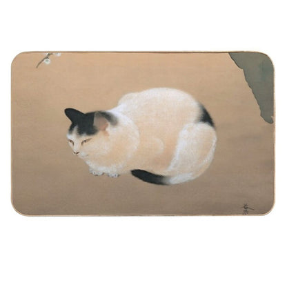 Cat And Plum Blossoms by Hishida Shunso  Dirt-Trapping Bath Mat