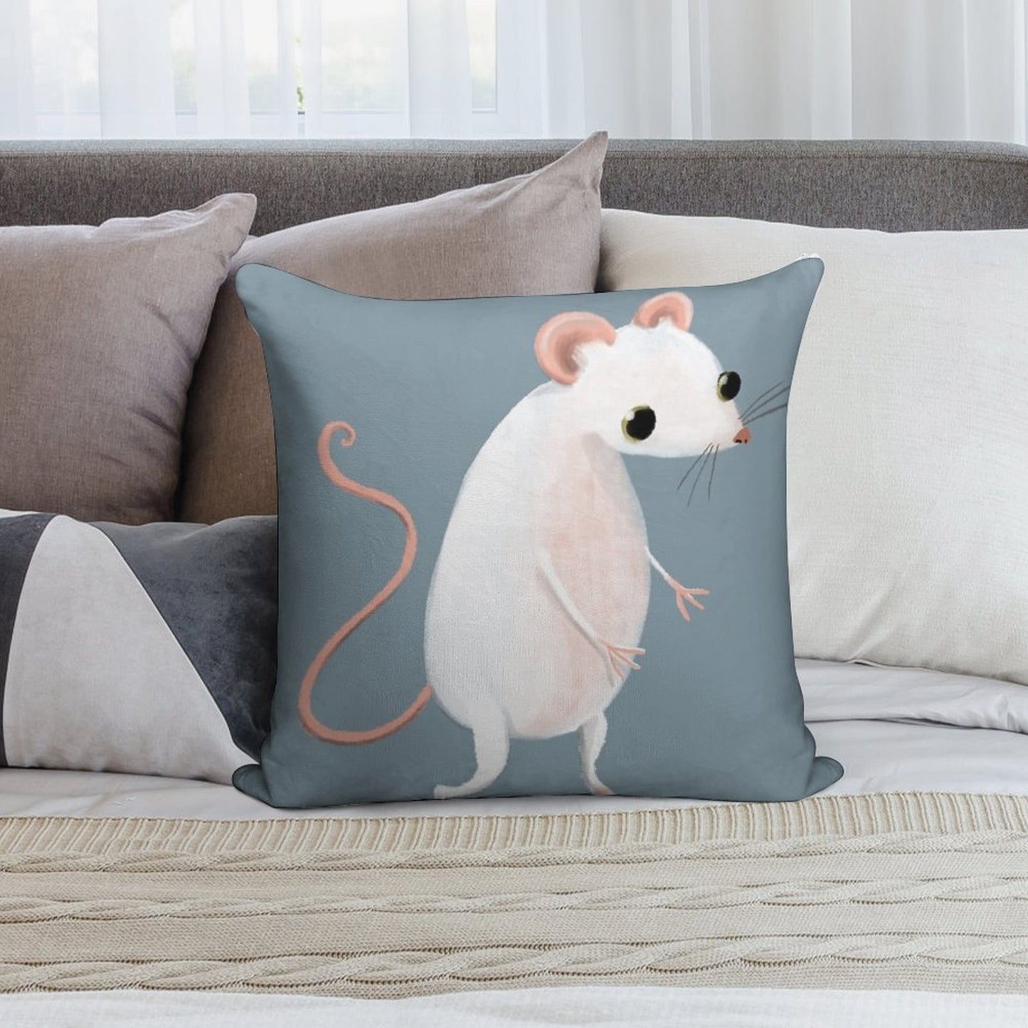 Cute Little White Mouse Soft Reinforced Edging Throw Pillow